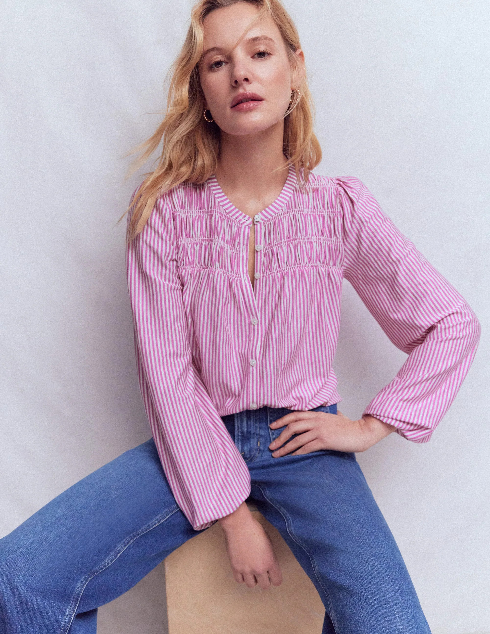 Mya Smocked Jersey Shirt-Clover Purple and Ivory Stripe | Boden (US)