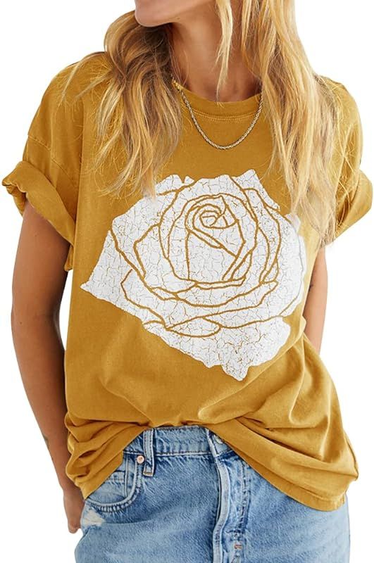 Womens Rose Graphic Tee T Shirt Loose Fit Summer Short Sleeve Casual Boyfriend Crew Neck Tops | Amazon (US)