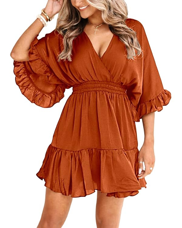 Aoysky Womens V Neck Casual Dresses Summer Loose High Waist Ruffle Pleated Cute Mini Short Dress | Amazon (US)