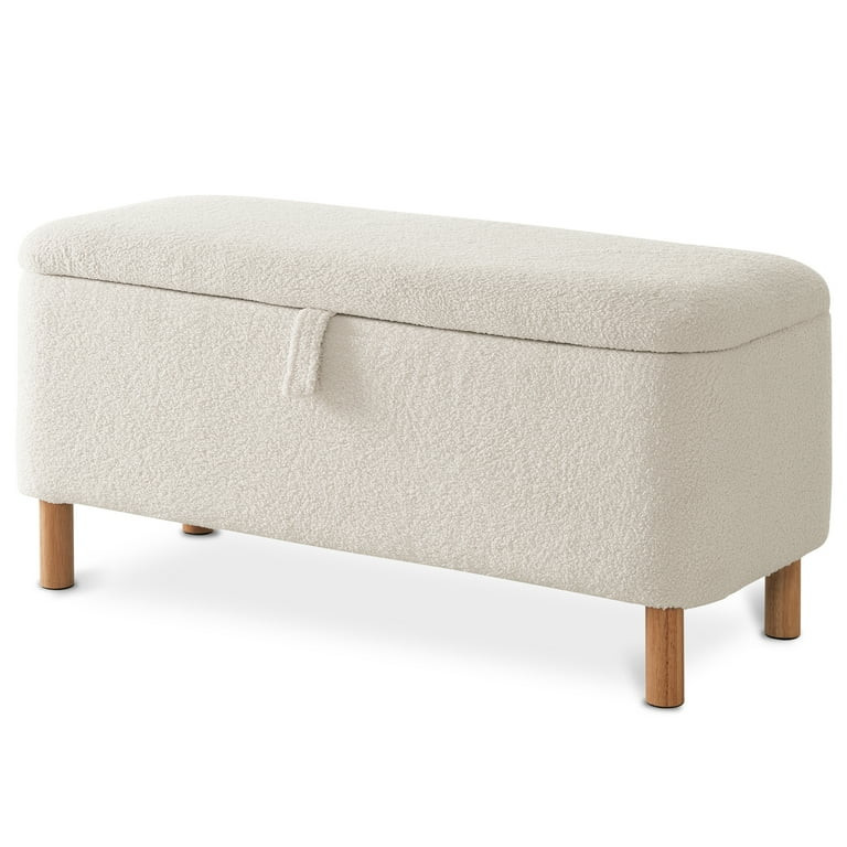 39.5" Boucle Storage Ottoman Bench for Living Room Bedroom Foot Rest End of Bed Wood Leg White | Walmart (US)