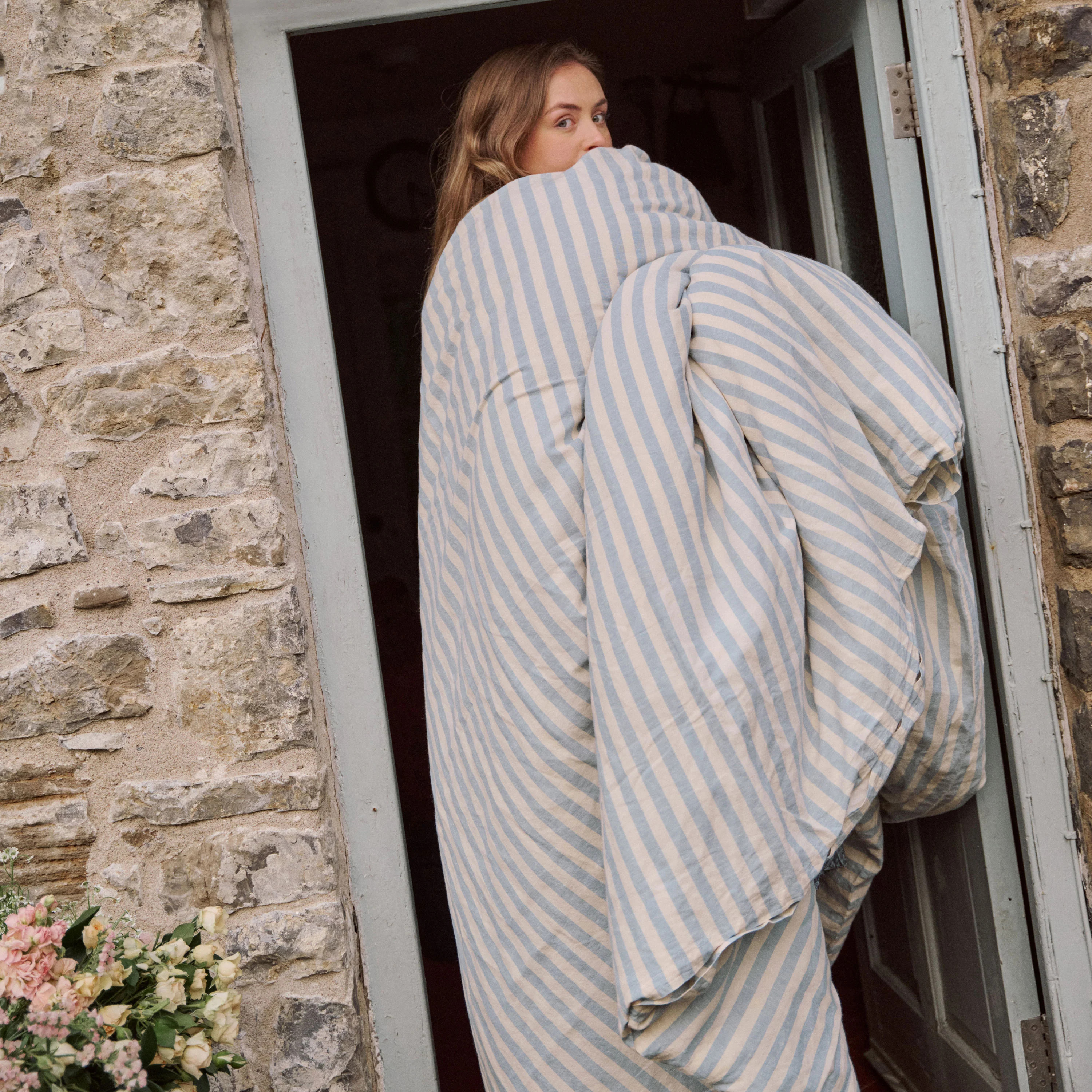 Coastal Blue Pembroke Stripe Linen Blend Duvet Cover | Piglet