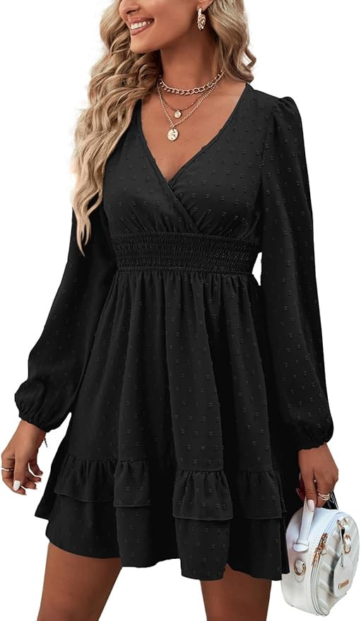 Rooscier Women's Long Sleeve Mini Dress Wrap V Neck Swing Ruffle Swiss Dots Holiday Wedding Guest... | Amazon (US)