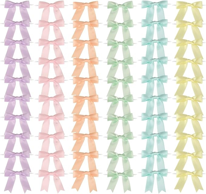 60 Pcs Pastel Rainbow Satin Ribbon Bows with Twist Tie 3.5 Inch Pretied Premade Colored Craft Bow... | Amazon (US)