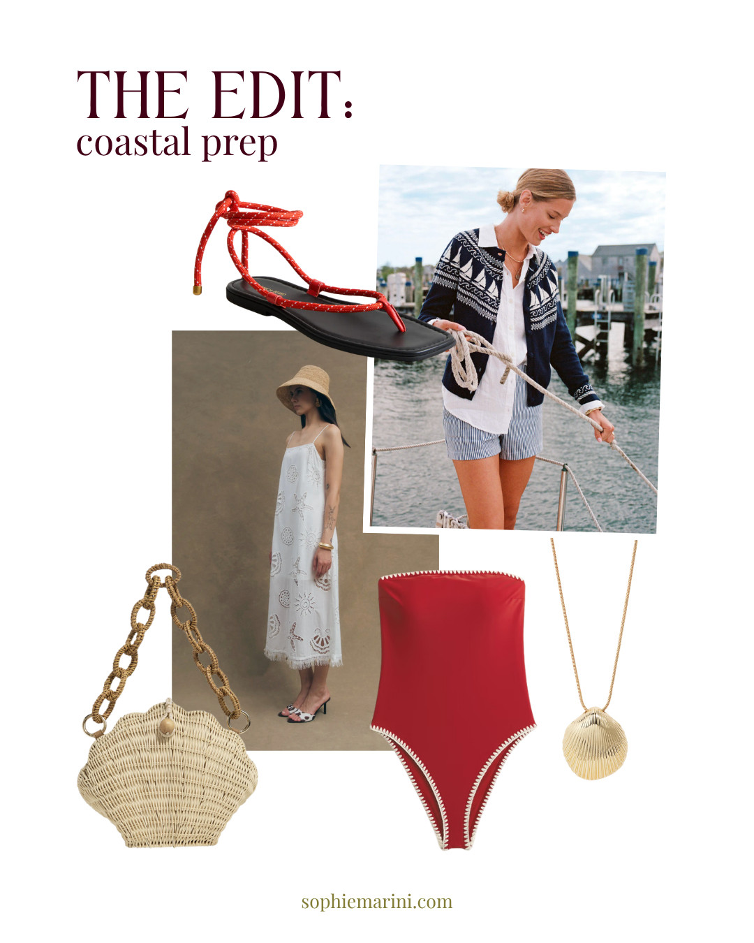 Coastal prep edit featuring my favorite coastal style staples!! Always LOVING red tones and raffia accessories.

[Clamshell Bag, Sailboat Knot Button Cardigan, Cotton Eyelet Fringe Trim Midi Dress, Scallop Shell Pendant Necklace, Flame Red Carmina Cord Sandals, costal fashion]  

 