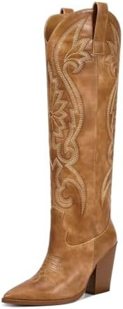 ISNOM Womens Cowboy Knee High Boots Cowgirl Boots Western Boots with Embroidered Pointed Toe Chun... | Amazon (US)