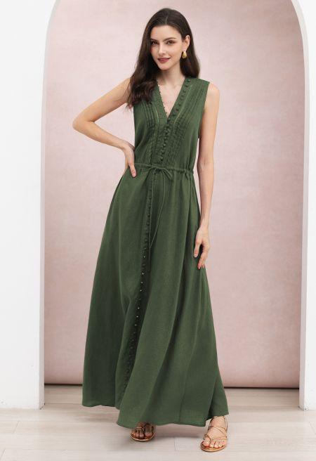 V-Neck Buttoned Sleeveless Dress in Army Green for Tropical Vacations & Beachside Dinners | Chicwish