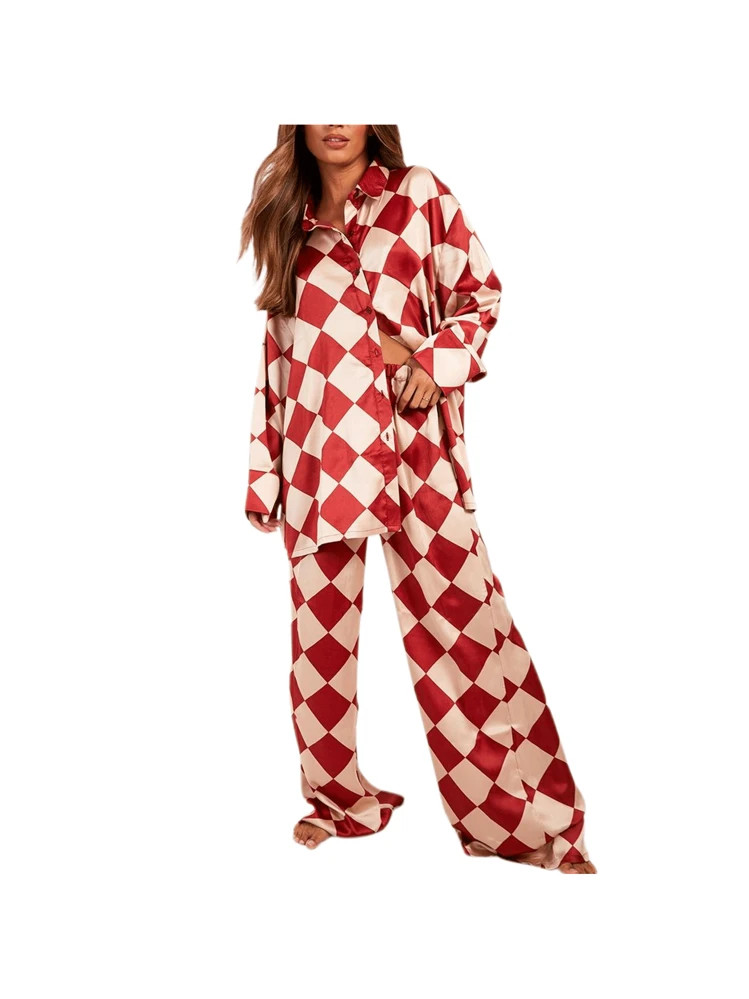 Women's Checkerboard Print Loungewear Set Long Sleeve Lapel Button Down Tops Long Pants Oversized... | SHEIN