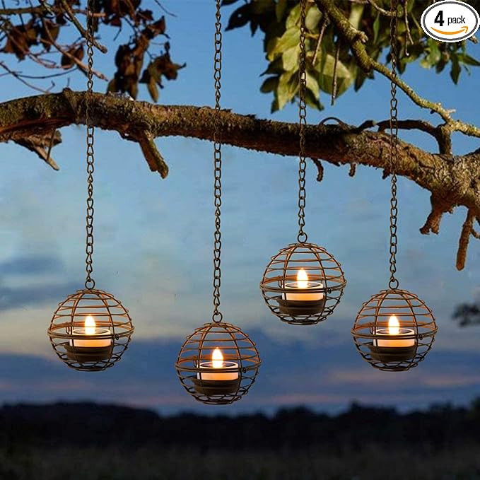 Solar Hanging Lanterns Outdoor Waterproof, Rust Iron Ball Candle Holder with Flickering Solar Pow... | Amazon (US)