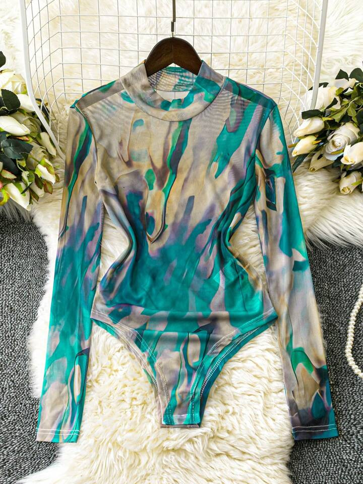 SHEIN Essnce Women Spring/Summer Tie-Dye Printed Stand Collar Long Sleeve Music Festival Sheer Bo... | SHEIN