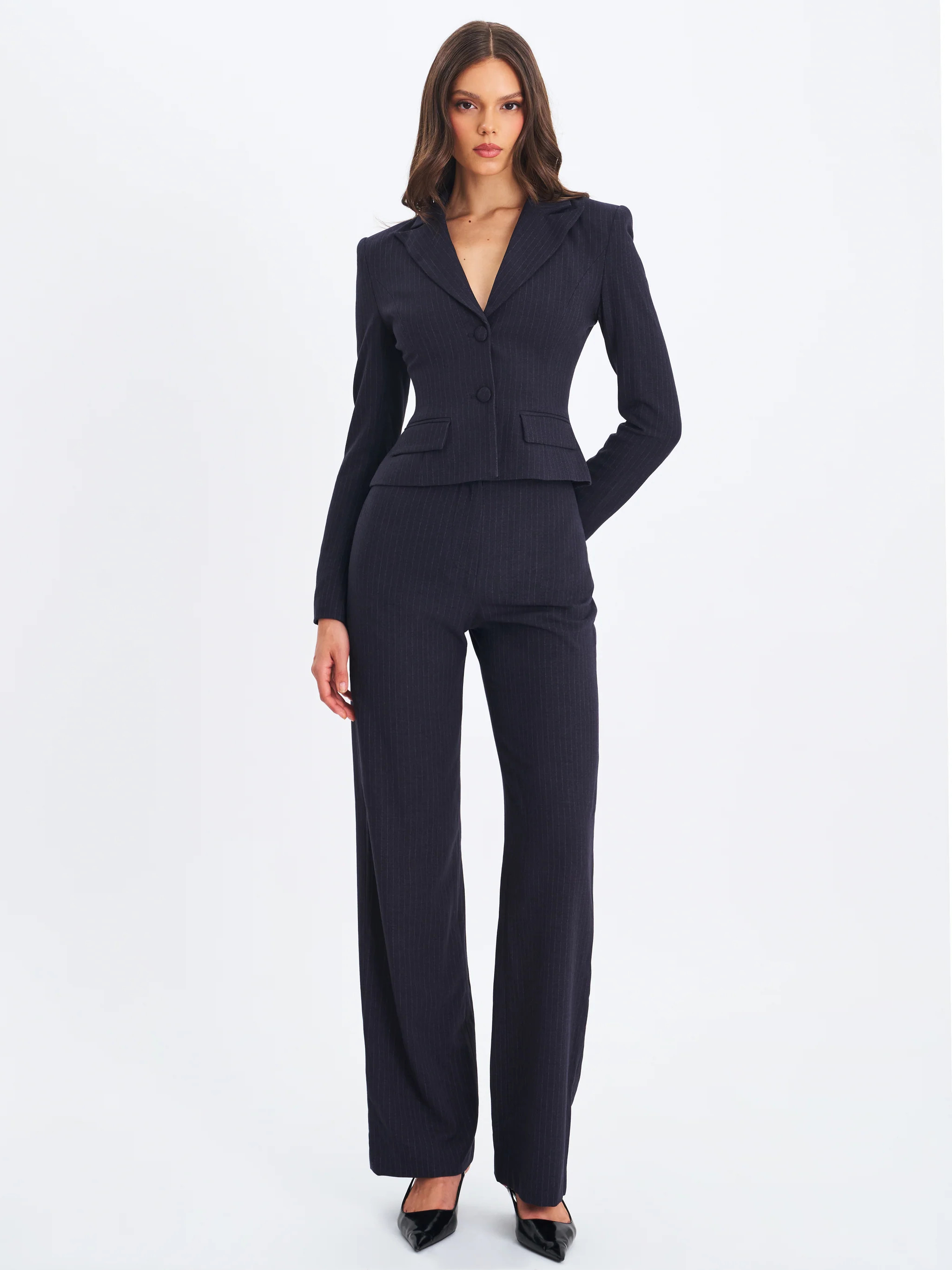 Quinnie Navy Striped High-Waisted Straight Leg Pant | Miss Circle
