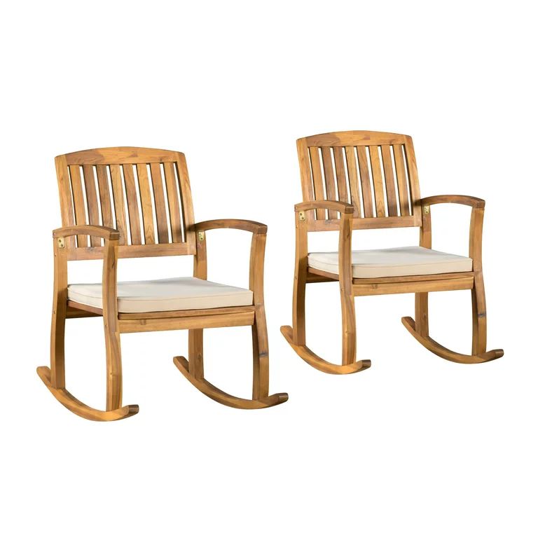 Amber Outdoor Acacia Wood Rocking Chair with Cushion, Set of 2, Teak and Cream | Walmart (US)