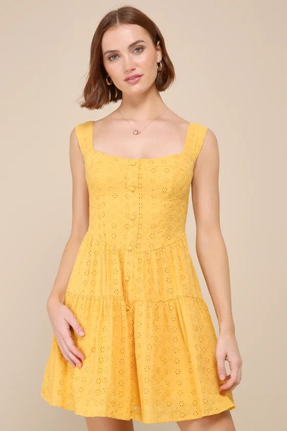 Yellow Eyelet Bustier Mini Dress | Yellow Mini Dress | Yellow Sundress | Pale Yellow Dress | Lulus