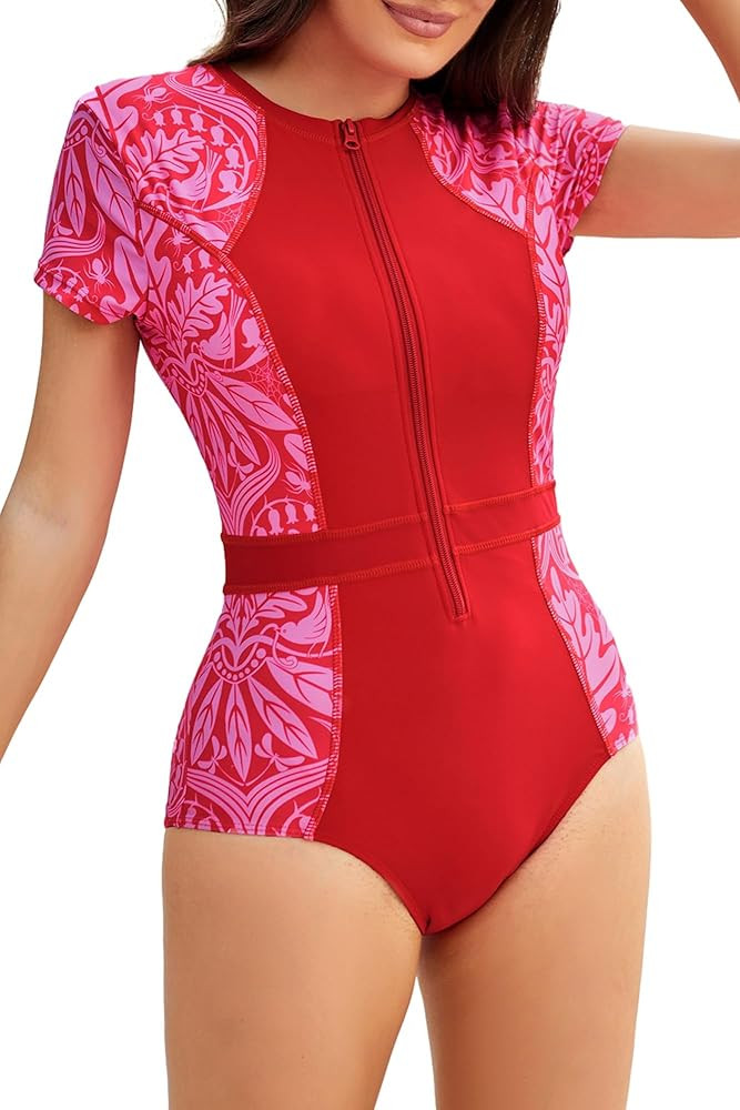 GRACE KARIN Women's Swimwear Rash Guard Short Sleeves Zip Front Round Neck One Piece Bathing Suit | Amazon (US)