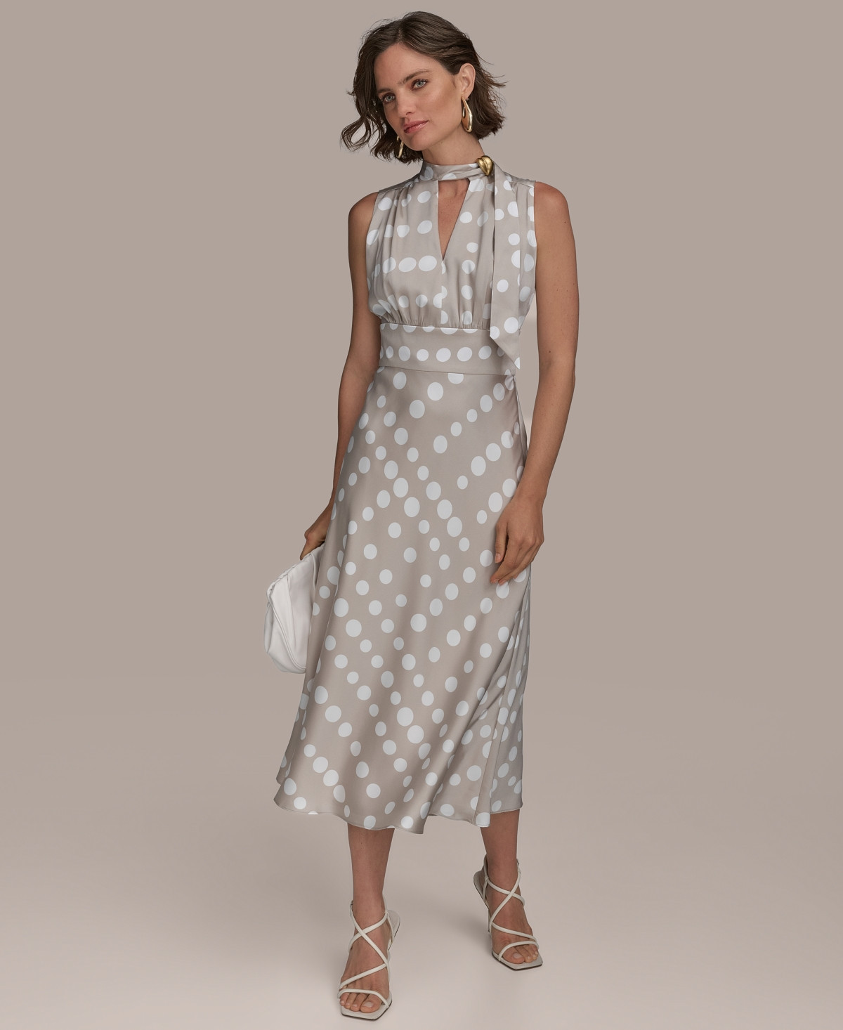 Donna Karan New York Women's Dot-Print Tie-Neck A-Line Dress - Clay Cream | Macy's