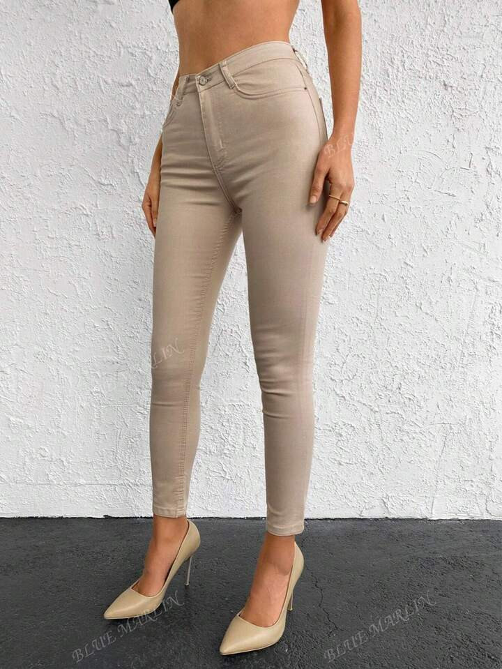 Damen Hose Mit Hoher Taille, Elastisch, Schmal Geschnitten, Aus Leinen, Einfarbig, Lässig, Mit Reißverschluss, Knopf Und Taschen | SHEIN