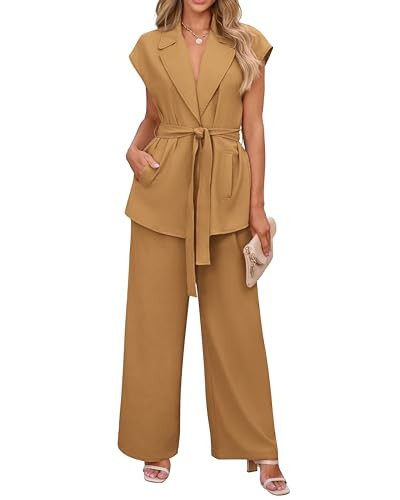 PRETTYGARDEN Women's Summer 2 Piece Outfits 2025 Cap Sleeve V Neck Blazer Vest Wide Leg Pant Sets Office Work Clothes(Solid Brown Yellow,X-Large) | Amazon (US)