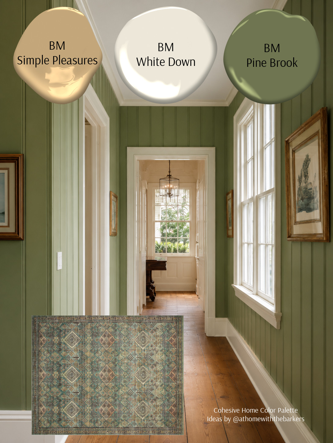 Green hallway paint color palette and area rug, rug runner 

 #LTKHome #LTKSaleAlert