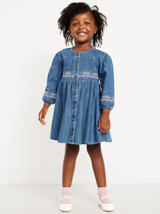 Long-Sleeve Button-Front Embroidered Jean Dress for Toddler Girls | Old Navy | Old Navy (US)