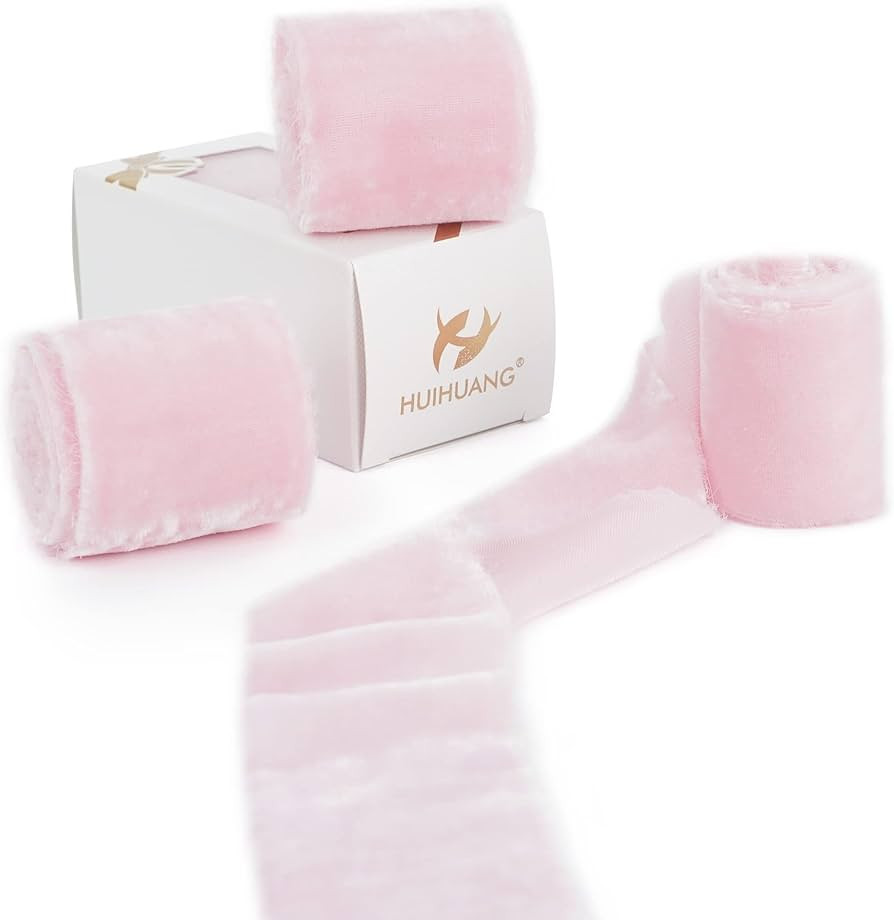 HUIHUANG Velvet Silk Ribbon - 2 inch Pink, Frayed, Handmade for Wedding, Bridal Bouquet, Gift Wra... | Amazon (US)