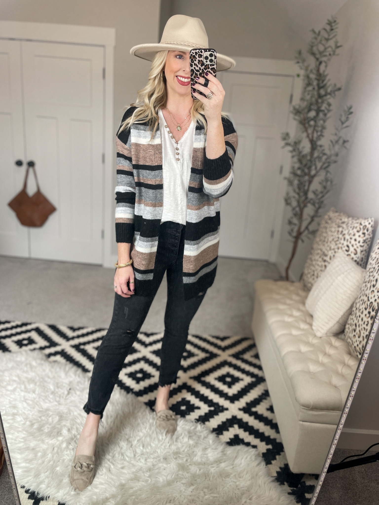 Weekend Walmart wins try on 
Striped cardigan- small 
Faux Henley tunic tee- medium 
Black jeans 

#LTKSeasonal #LTKunder50 #LTKstyletip