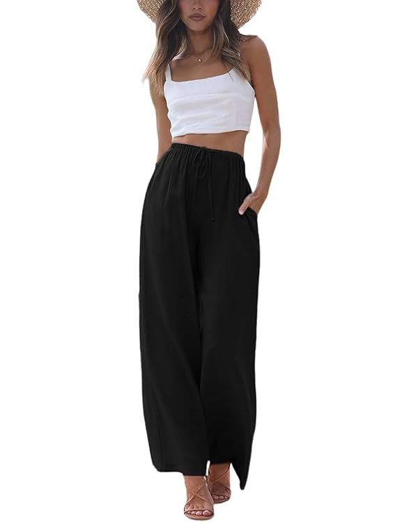 Faleave Women's Cotton Linen Summer Palazzo Pants Flowy Wide Leg Beach Trousers with Pockets | Amazon (US)