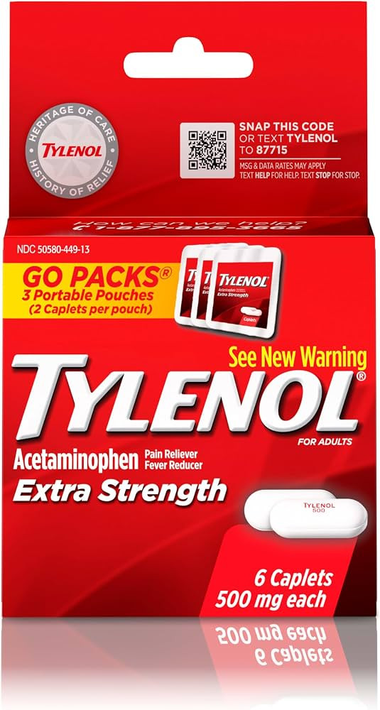 Tylenol Extra Strength 500 mg Acetaminophen Caplets, Pain Reliever & Fever Reducer, Acetaminophen... | Amazon (US)