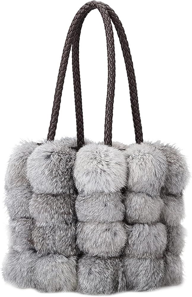 QZUnique Plush Bucket Handbag Faux Fur Drawstring Fluffy Crossbody Bag Handle Shoulder Tote Bag | Amazon (US)