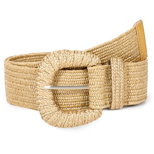 Straw Woven Elastic Belt for Women Stretchy Belts for Dress Fashion Boho Waist Belt Rattan Raffia Ladies Belts,half square buckle khaki 45" | Amazon (US)