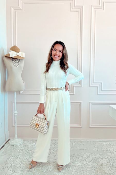 Monochromatic work outfit - white trousers (wearing XS Short, white turtleneck bodysuit, neutral outfit 