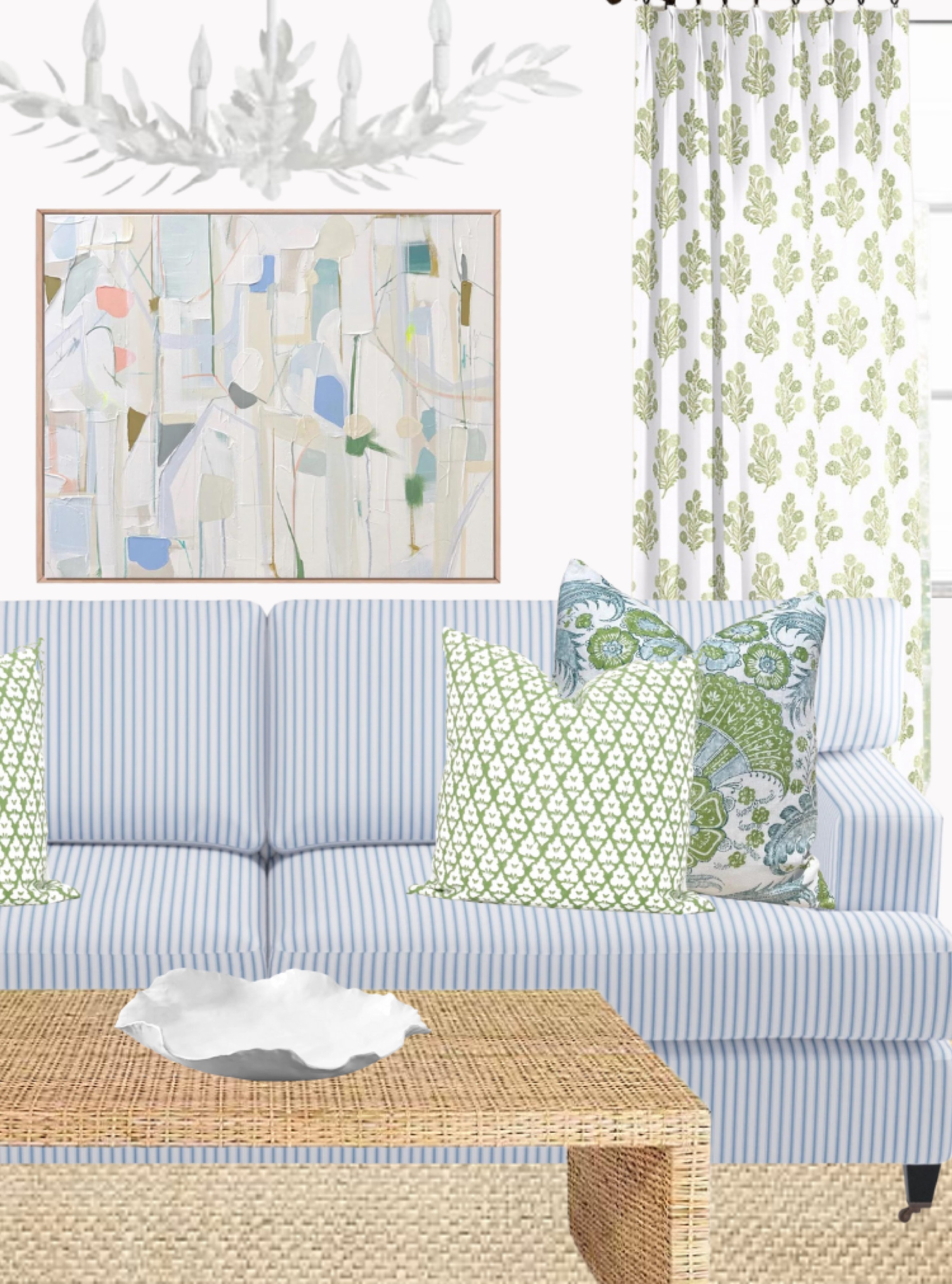 Interior design inspo grandmillennial home blue and white living room block print drapes Ballard design style coastal home designer throw pillow abstract art rattan coffee table white chandelier living room furniture sofa 

#LTKhome #LTKsalealert