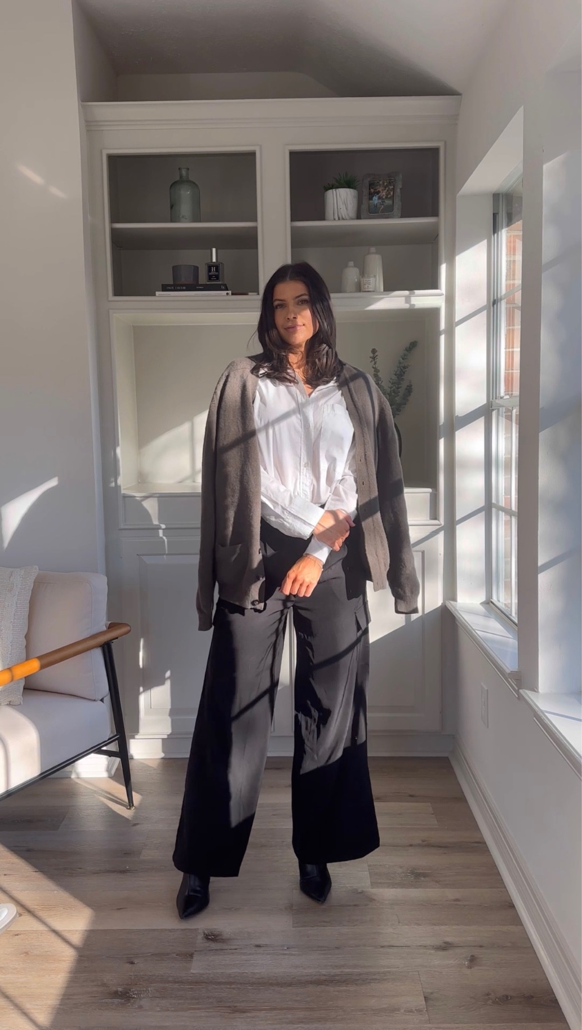 Green cardigan is thrifted- linking similar for you girls
Black cargo trousers- size small. I am 5’5”
White button up- fits oversized. Wearing a small
Boots are TTS and so comfy. Linking wide calf version, too. 

#LTKfindsunder50 #LTKsalealert #LTKstyletip