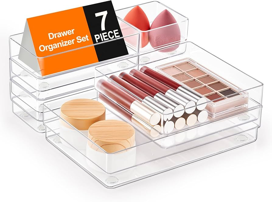 SMARTAKE 7-Piece Drawer Organizer with Non-Slip Silicone Pads, 4-Size Desk Drawer Organizer Trays... | Amazon (US)