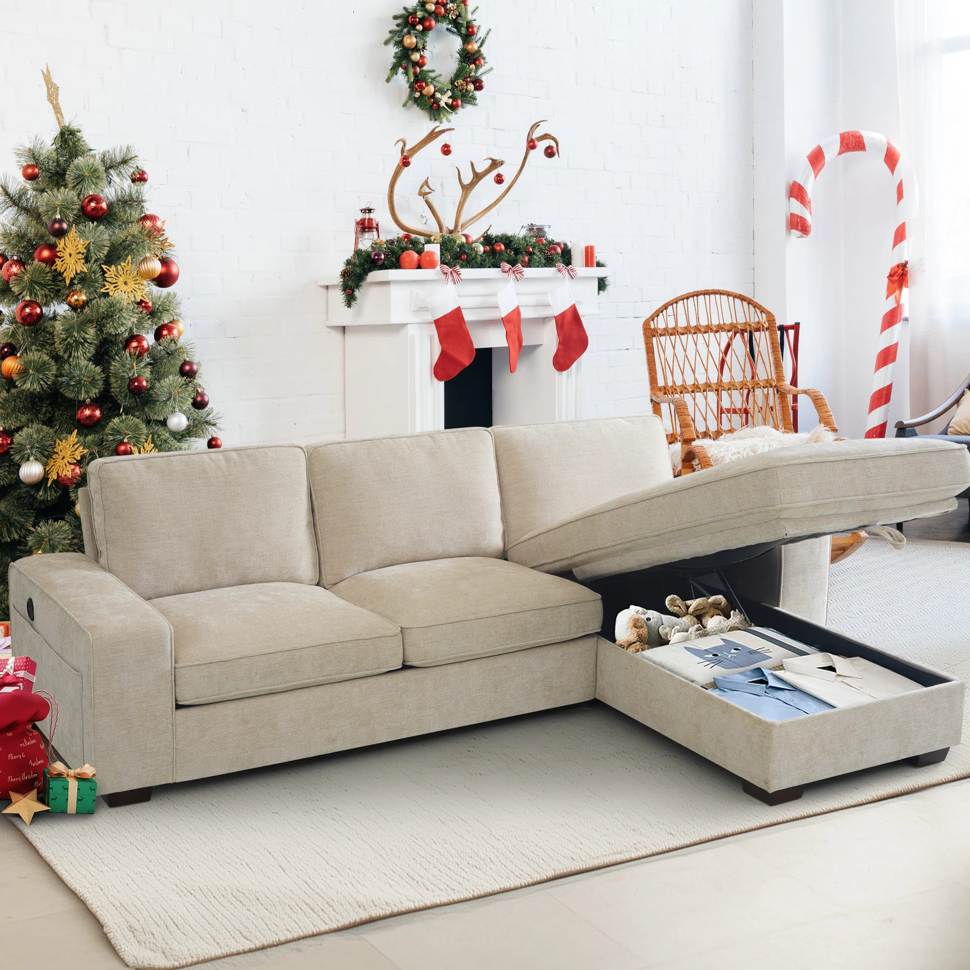 Mahwah 98'' Chenille Square Arm Sofa L-Shape Convertible Sectional Couches Sofas with Storage Cha... | Wayfair North America