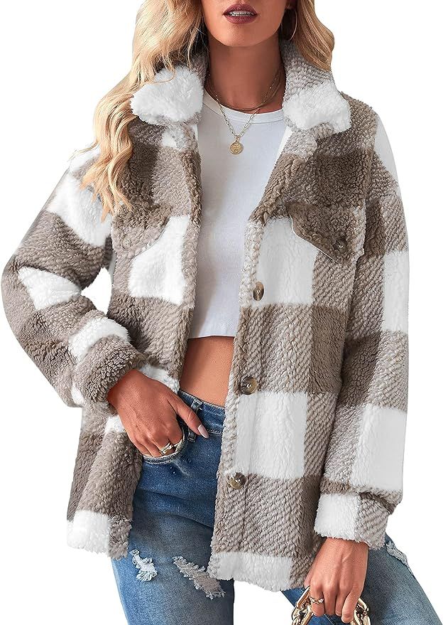 MEROKEETY Women's Fleece Plaid Jacket Coats Button Down Lapel Sherpa Shacket Outwear with Pockets | Amazon (US)