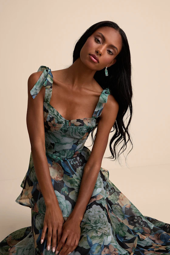 Playfully Posh Black Floral Organza Tie-Strap Tiered Midi Dress | Lulus