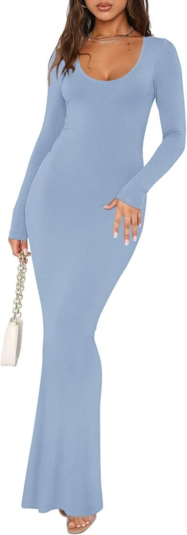 REORIA Women's Sexy Scoop Neck Long Sleeve Lounge Long Dress Ribbed Bodycon Maxi Dresses | Amazon (US)
