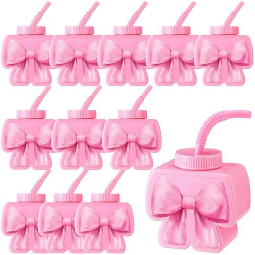12 Pcs Pink Bow Cups with Straws and Lids Plastic Reusable 11 oz Pink Bow Cups for Birthday Theme... | Amazon (US)