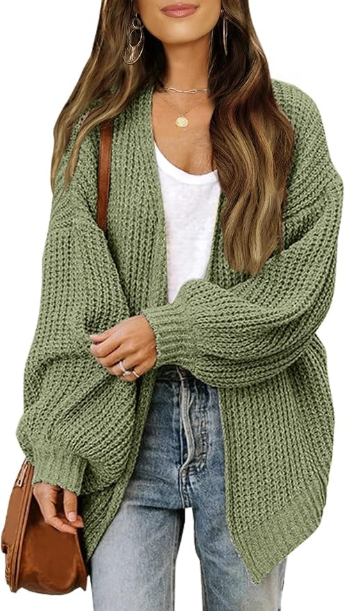 MEROKEETY Women's Open Front Long Lantern Sleeve Cardigan Oversized Chunky Outwear with Pocket | Amazon (US)