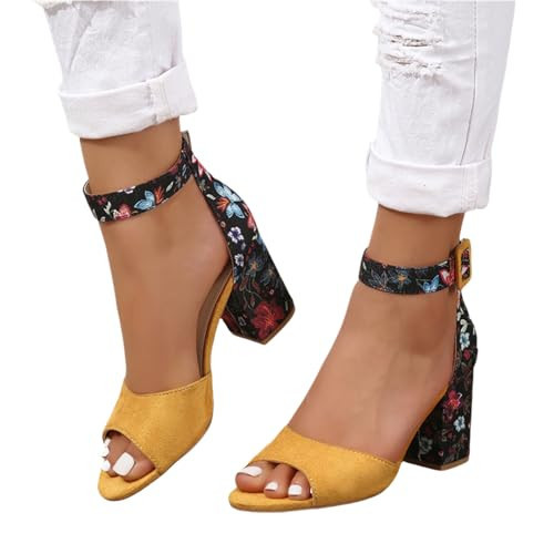 Women Floral Print Peep Toe Block High Heels Summer Sandals Ankle Strap Buckle Chunky Heel Sandals Party Bride Work Dress Shoes | Amazon (US)
