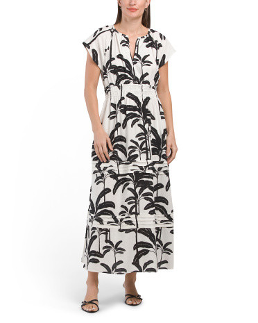 Linen Blend Palm Tree Smocked Waist Maxi Dress | TJ Maxx