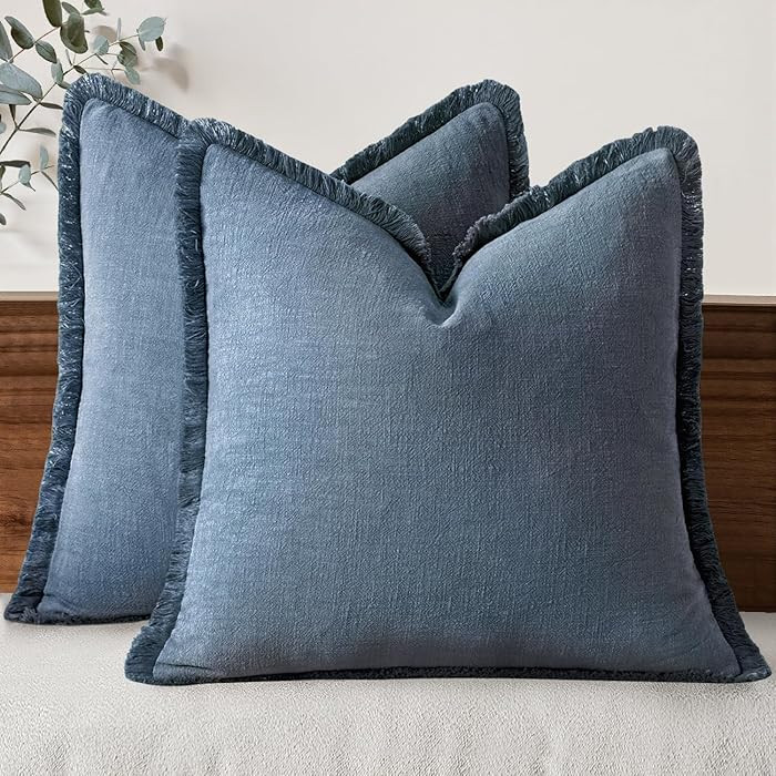 MIULEE Decorative Throw Pillow Covers Neutral Linen Fringe Throw Pillows Set of 2 Blue Ashes Boho... | Amazon (US)