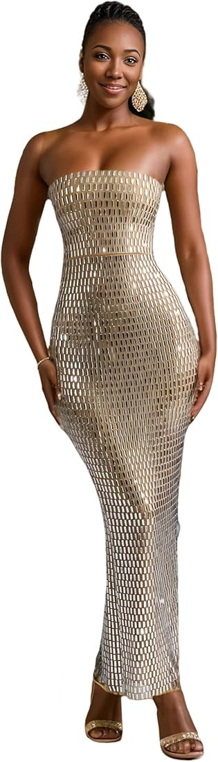 Strapless Rhinestone Maxi Dresses Evening Gowns for Women Formal Sexy | Amazon (US)