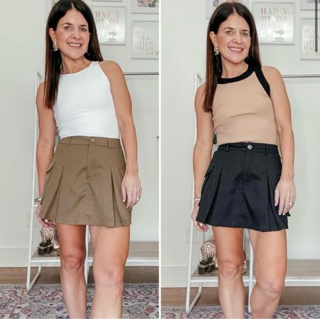 AMAZON- Outfit idea 
Showing two different looks with this cargo pleated mini skirt! One with the black cargo mini skirt and a tan high neck tank top with black trim. The other with a brown cargo pleated mini skirt and a high neck white bodysuit. Both of these looks are trendy and perfect for summer!



#LTKStyleTip #LTKFindsUnder100 #LTKSeasonal