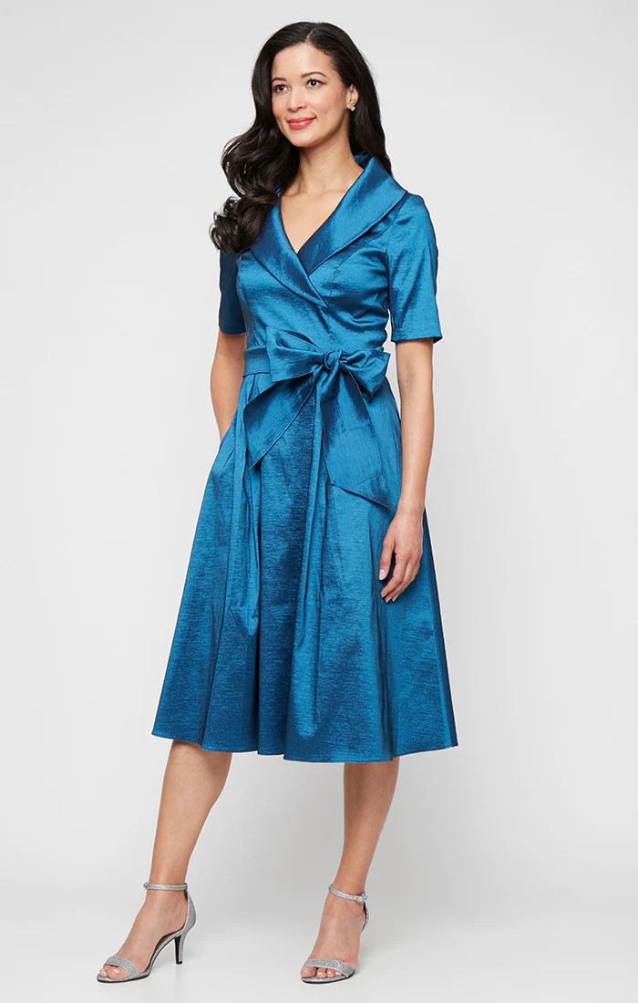 Midi Stretch Taffeta Portrait Collar Dress with Elbow Sleeves and Tie Waist Detail | Alex Evenings