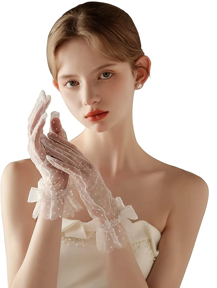 Short Lace Mesh Gloves Tulle Border with Pearls Wedding Opera Tea Party Gloves for Women Formal | Amazon (US)