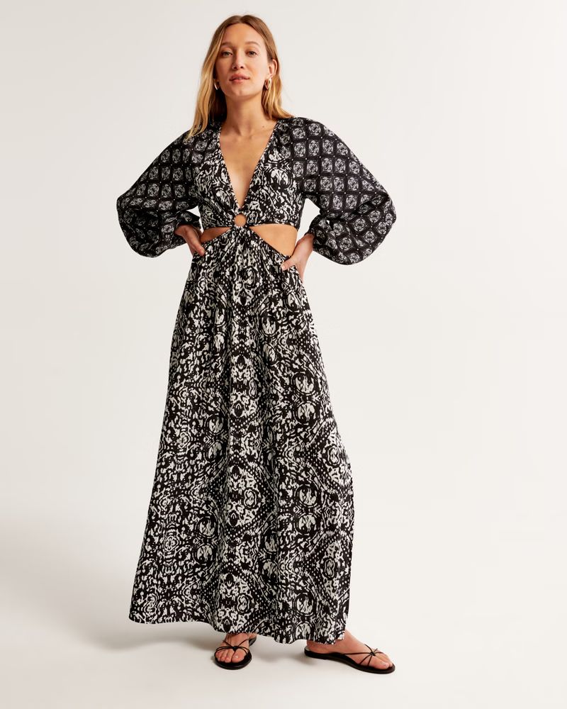 Long-Sleeve Plunge Cutout Maxi Dress | Abercrombie & Fitch (US)