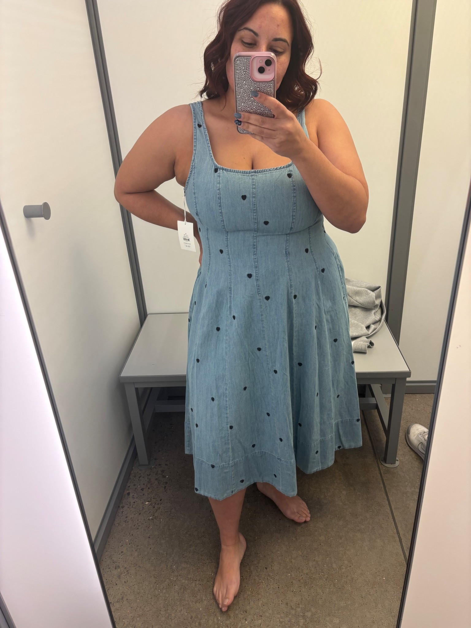 This little jean dress with navy hearts is what dreams are made of. Love how simple yet chic this is. 

Wearing an xl 
Cost $34 

#LTKPlusSize #LTKMidsize #LTKFindsUnder50