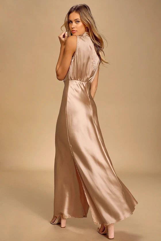 Classic Elegance Blush Satin Sleeveless Mock Neck Maxi Dress | Lulus (US)