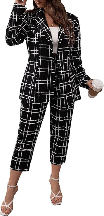 WDIRARA Women's Plus Size 2 Piece Outfit Plaid Button Front Blazer and Pants Set | Amazon (US)