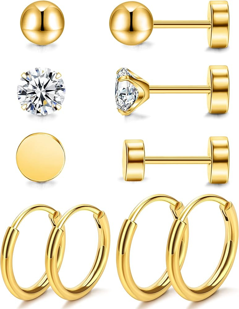 Staligue 5 Pairs Titanium Earrings for Sensitive Ears Dot Ball Cubic Zirconia 20 Gauge Pure Titan... | Amazon (US)